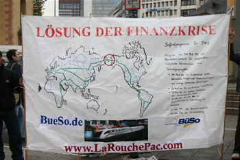 70. LYM street organizing banner reads: Lösung Der Finanzkrise